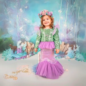 Long Sleeve Mermaid Dress for Girls – Sequin Bodice & Tulle Skirt, Birthday Party Outfit, Ocean-Themed Gift for Little Princesses