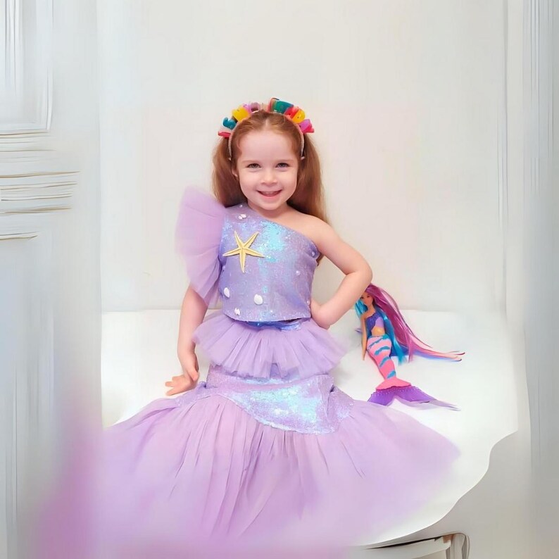 purple mermaid dress, sequin top dress, girls birthday, party dress girls, special occasion, starfish dress, tulle skirt girls, cute mermaid outfit, gift for girls, magical dress, girls fashion, summer dress, birthday gift