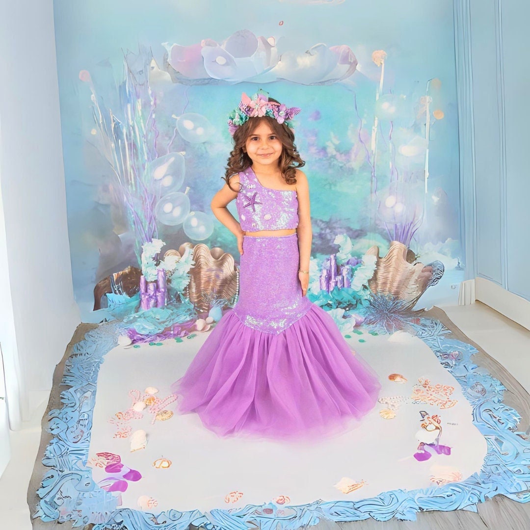 One Shoulder Purple Mermaid Dress for Girls, Sequin Top and Tulle Skirt ...