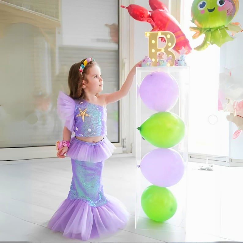 purple mermaid dress, sequin top dress, girls birthday, party dress girls, special occasion, starfish dress, tulle skirt girls, cute mermaid outfit, gift for girls, magical dress, girls fashion, summer dress, birthday gift
