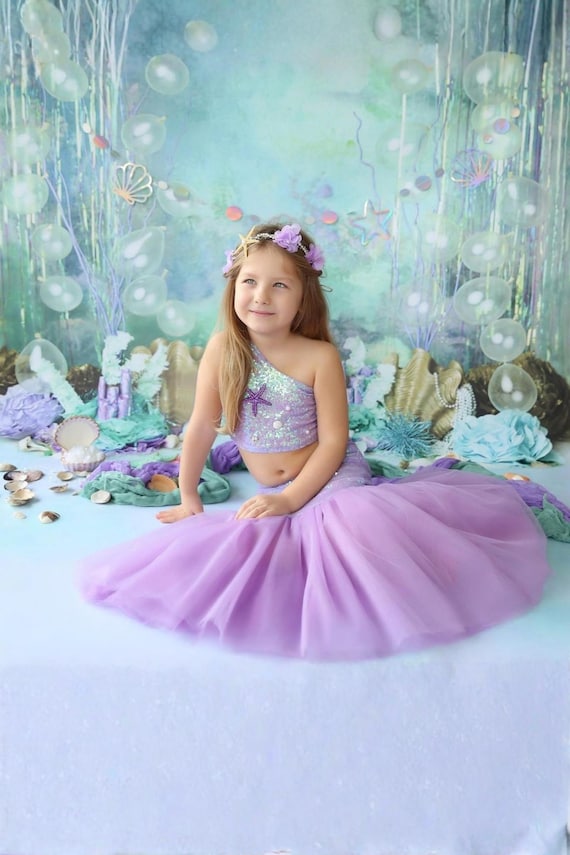 little mermaid sparkly dress Purple Mermaid Birthday Outfit, Sequin Tulle Princess Dress for Girls, Ocean Party Costume