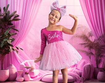 Exquisite One Shoulder Pink Sequin Birthday Dress with Crystals, Personalized Gift for Girls