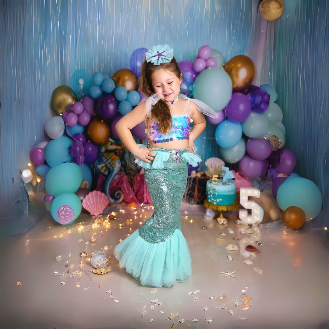 Turquoise Sequin Mermaid Dress for Girls – Halter Tulle Tail Birthday ...