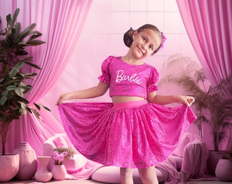 Sparkling Pink Sequin Dress for Girls, Customized Birthday Outfit, Unique Personalized Gift