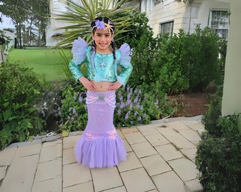 Mermaid Costume Set for Girls – Sparkly Sequin Long Sleeve Top & Purple Tulle Tail Skirt, Birthday Party Outfit
