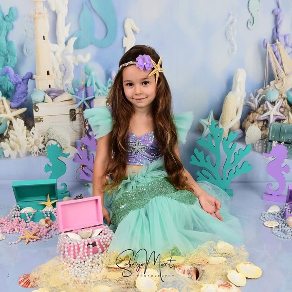 Purple and Green Ariel Birthday Dress for Girls, Mermaid Costume, Sparkling Ariel-Inspired Outfit, Birthday Gifts