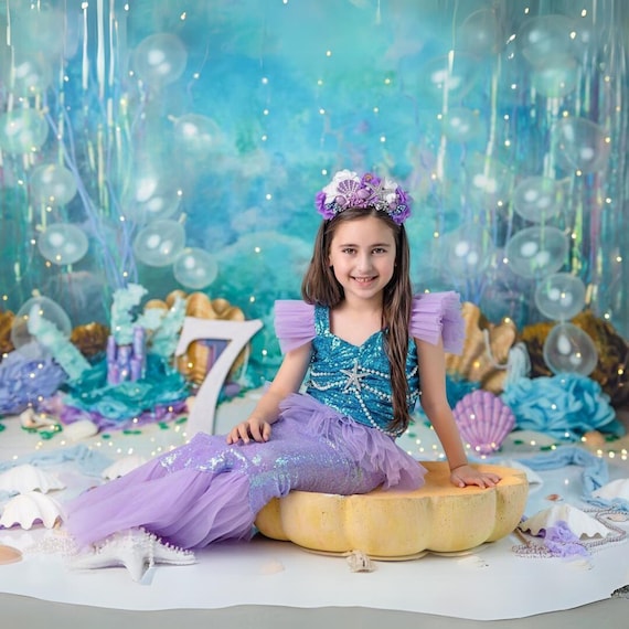 Blue Purple Mermaid Birthday Dress for Girls - Sequin Tulle Party Outfit