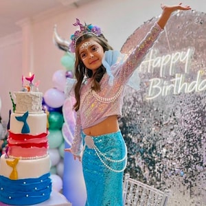 Girls Mermaid Costume, Sparkly Sequin Skirt and Top, Birthday Outfit, Long Sleeve Sea Princess Dress, Perfect for Parties and Photoshoots