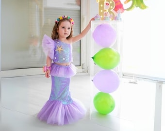 Purple Mermaid Birthday Dress for Girls – Sequin Tulle Party Outfit with Starfish