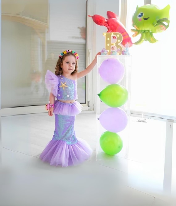 Purple Mermaid Birthday Dress for Girls – Sequin Tulle Party Outfit with Starfish