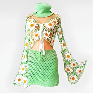 Daisy-design bolero met lange mouwen - bohogroene set rok en muts - stijlvolle bustier crop top - medium tot groot