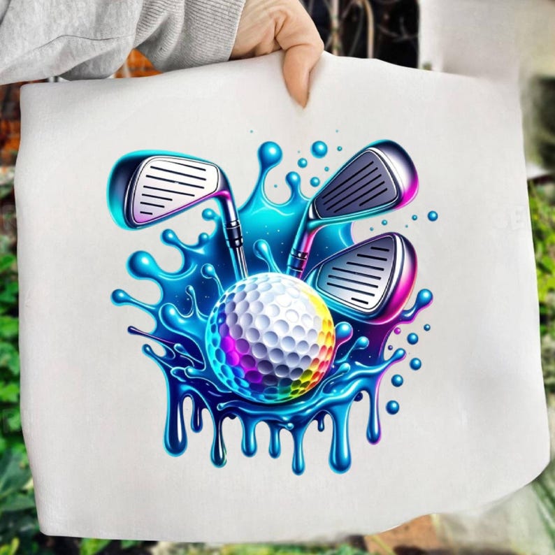 May include: A white golf-themed design featuring a golf ball with rainbow accents and three golf clubs. The clubs and ball are surrounded by a splash of blue water. The design is on a white background.