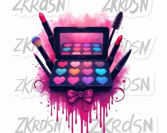 May include: A makeup-themed illustration featuring a black eyeshadow palette with heart-shaped eyeshadows in various colors. Surrounding the palette are a red lipstick, mascara, a makeup brush, and a bow. Pink paint splatters and drips add a decorative touch.