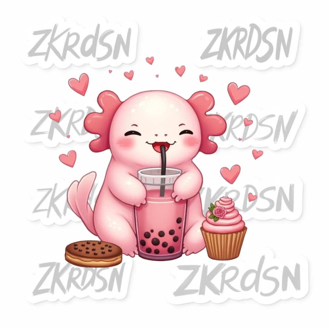 Cute Axolotl Boba Tea PNG, Kawaii Bubble Tea Axolotl Clipart, Pink