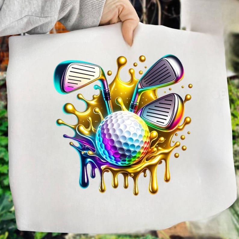 May include: A vibrant graphic featuring a golf ball and three golf clubs, set against a backdrop of gold liquid splashes. The golf ball displays a rainbow gradient, while the clubs have teal and silver accents.