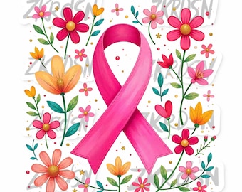Brushstroke Breast Cancer Awareness PNG: Boho Floral Ribbon (Digital Download)