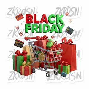 Black Friday PNG | Shopping Cart with Gifts Clipart | Holiday Sale Sublimation Design for Shirts, Ads & Crafts
