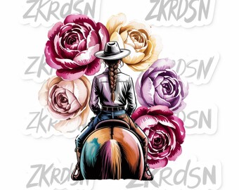 カウガール PNG：ボヘミアン風の花柄乗馬ライダーデザイン（デジタルダウンロード）