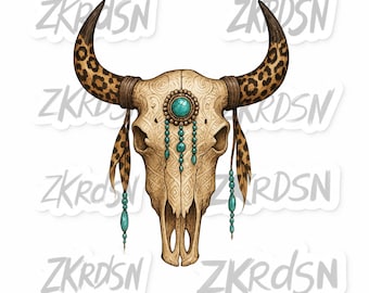 Boho Leopard Bull Skull PNG: Turquoise Southwestern Design (Digital Download)