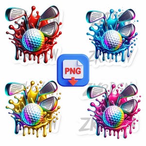 Kolorowy pakiet PNG Golf | Piłka golfowa i kije z kapiącą farbą, projekt sublimacji