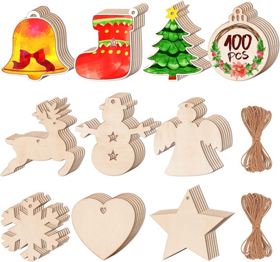 100 Pcs Christmas Unfinished Wooden Snowflake Ornaments Snowflake Hanging  Cutouts Blank Wood Slices with Cord Craft Embellishments for Xmas Tree