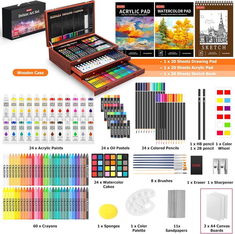 Soucolor Art Supplies, 192pack Deluxe Art Set Drawing Painting