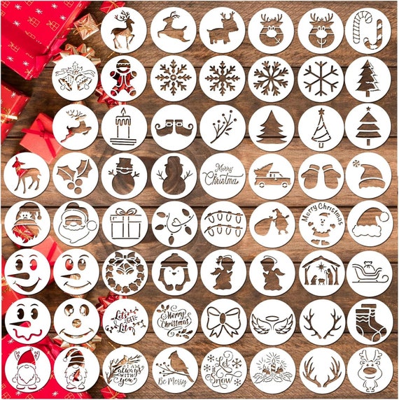 Small Christmas Stencils for Painting on Wood Reusable 3 Inches Round  Holiday Xmas Drawing Ornaments Stencil Templates for Diy Crafts Tree 