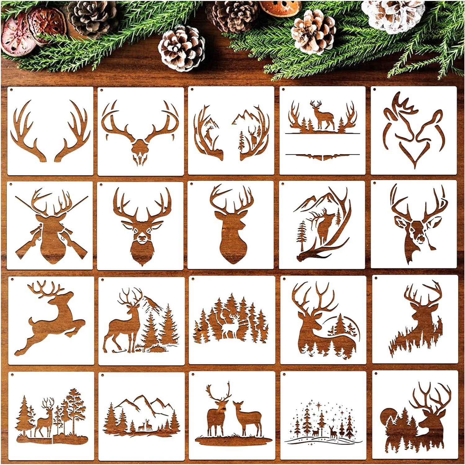 20 Pieces Stencil for Painting, Deer Mountain Tree Stencils Deer Antler  Head Template Forest Animal Wildlife Wood Burning Stencils for Wood 