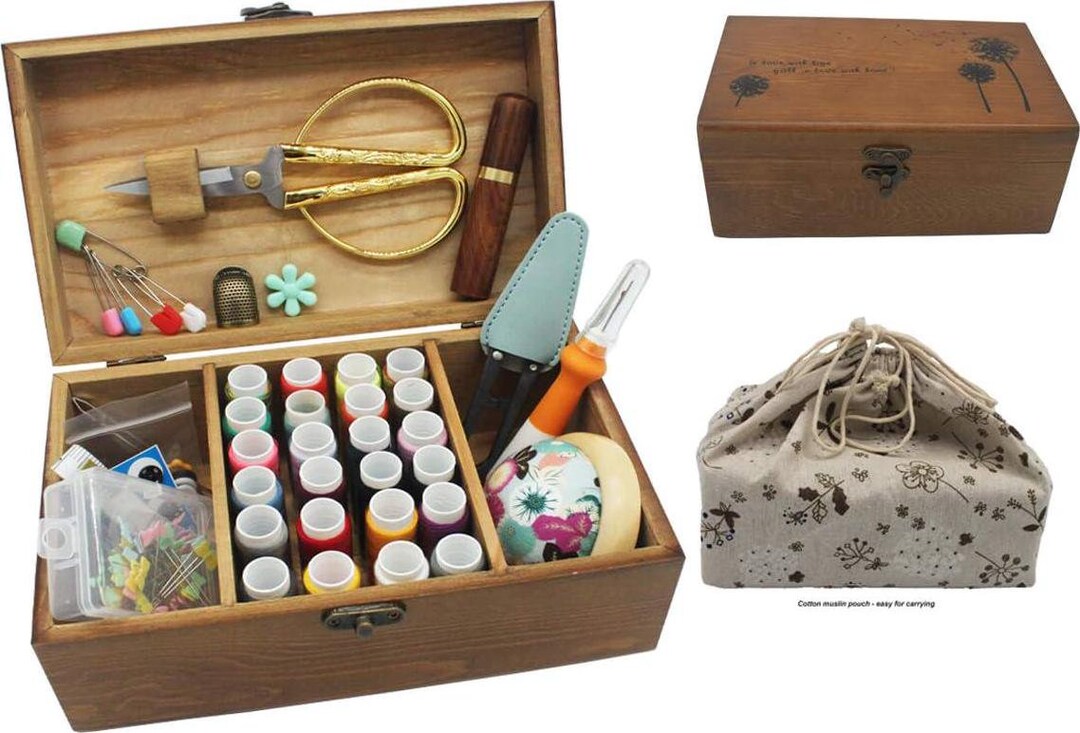 Sewing Kit, Wooden Sewing Kit Box Basket With Compartment, Portable Stitching Repair Tool Kit