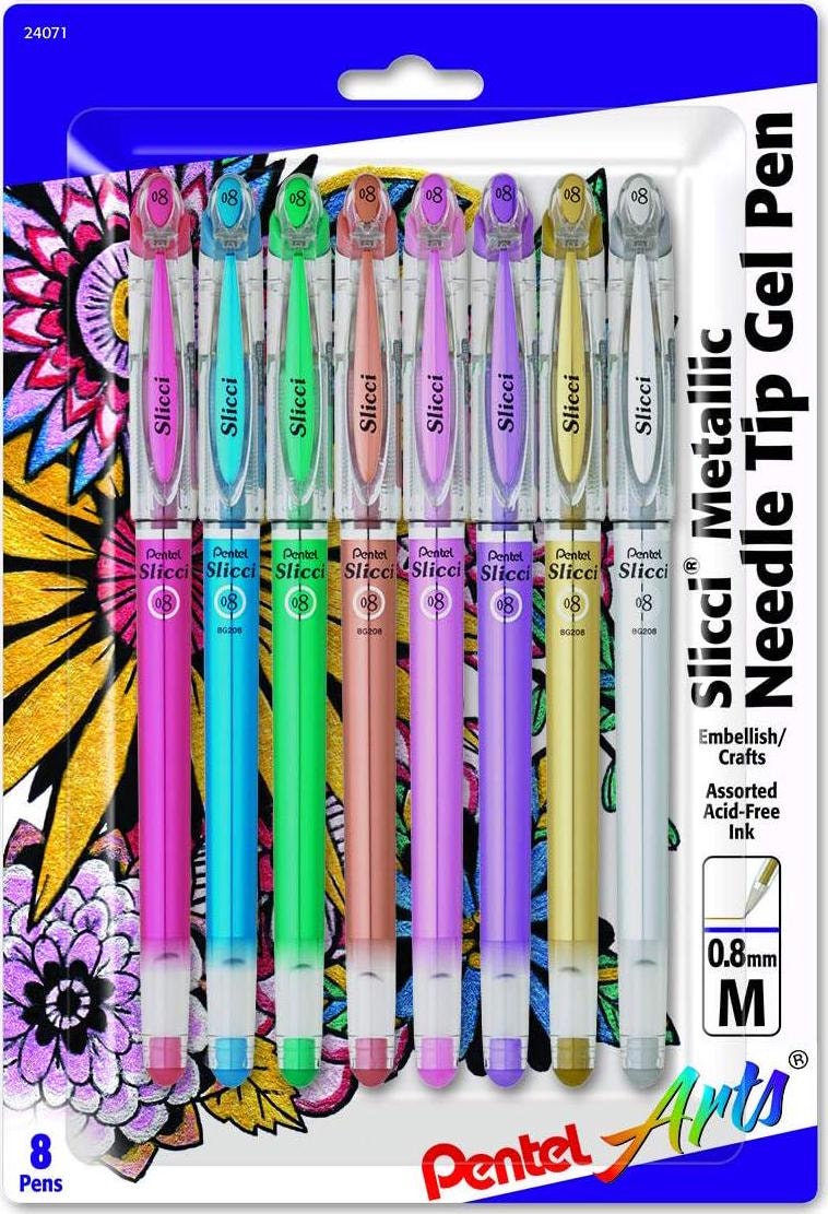 Pentel Arts Slicci Metallic Needle Tip Med Gel Pen, Assorted Metallic Ink, 0.8mm - 8 Pack