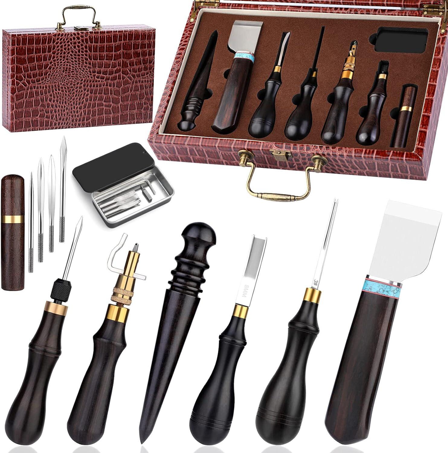 TLKKUE Leather Craft Tools 2 Sets Leather Working Tools Kit with Custom  Stora