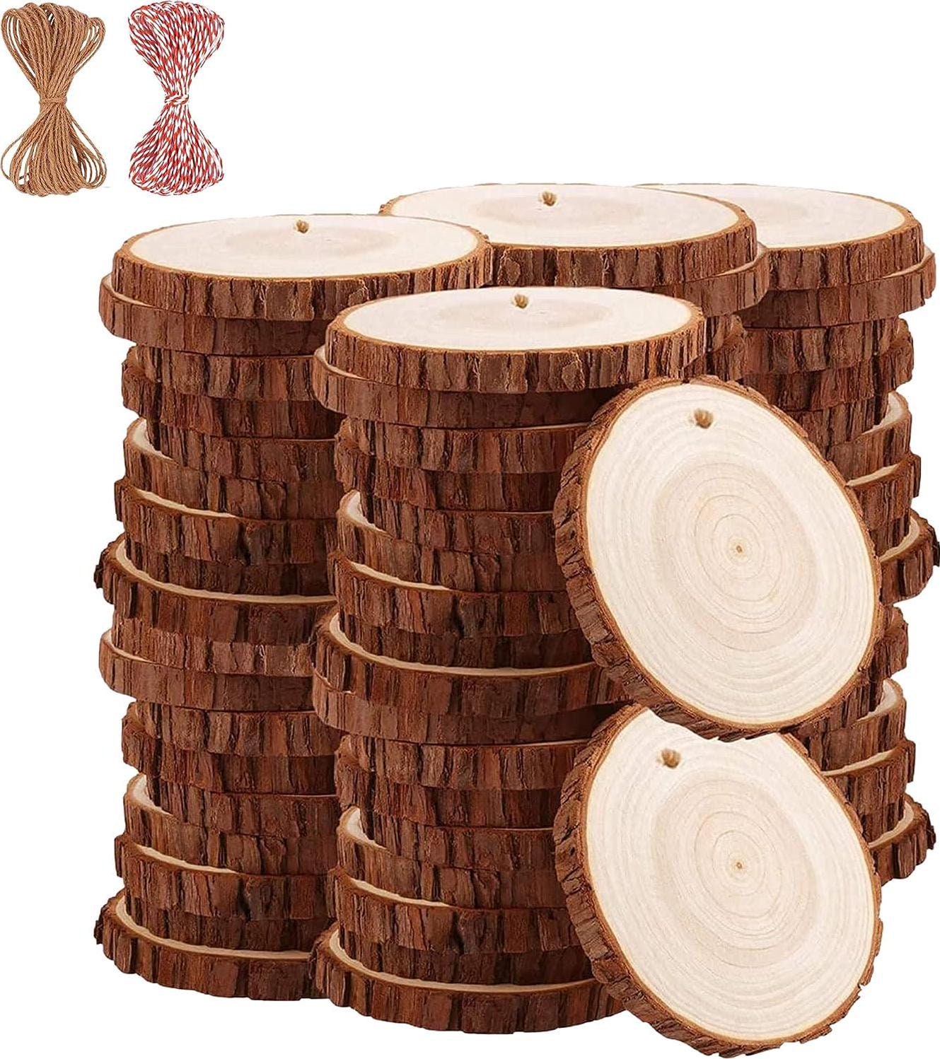 Natural Wood Slices TICIOSH 50 Pcs 2.4-2.8 Inches Craft Unfinished Wood Kit Predrilled with Hole Wooden Circles for DIY Crafts Wedding Decorations