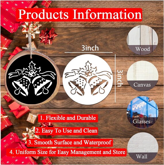 30Pcs Christmas Stencils Reusable,3x3in Small Christmas Stencil for  Painting on Wood DIY Crafts Ornaments Wood Slice