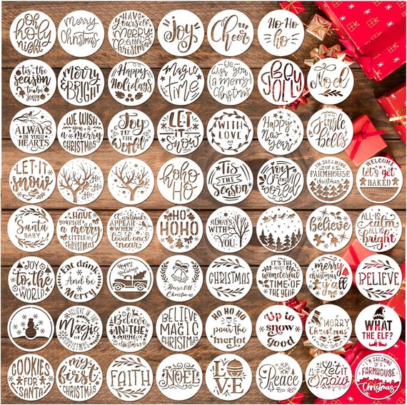 60 Pcs Christmas Stencils for Painting on Wood 3x3 Inch Small Ornament  Reusable Holiday Xmas Drawing Stencil Templates for Wood Slice Diy 