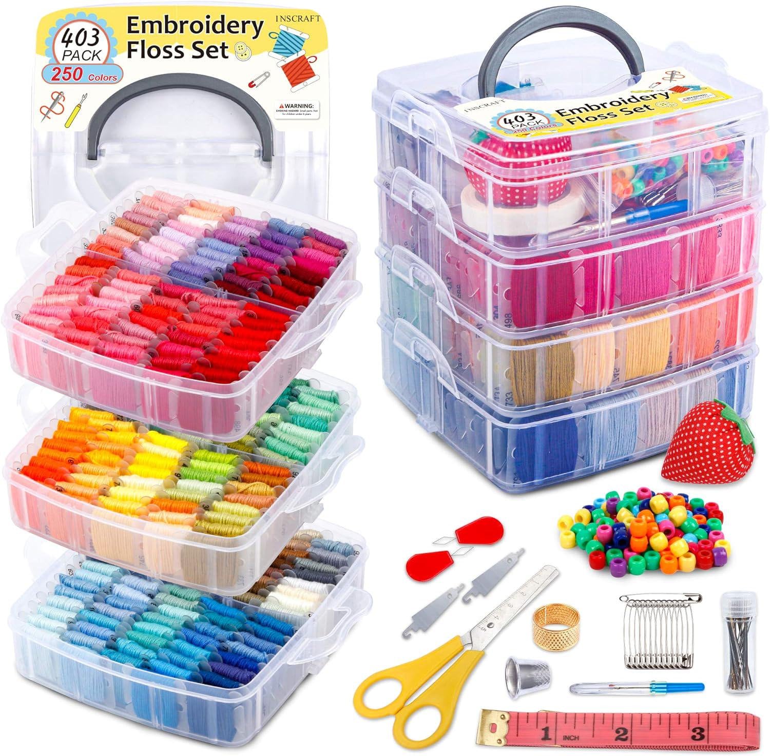 Inscraft 403 Pack Embroidery Floss Set, 250 Colors Cross Stitch Friendship Bracelet Thread with 153 Pcs Cross Stitch Tool, 4-Tier Transparent Box