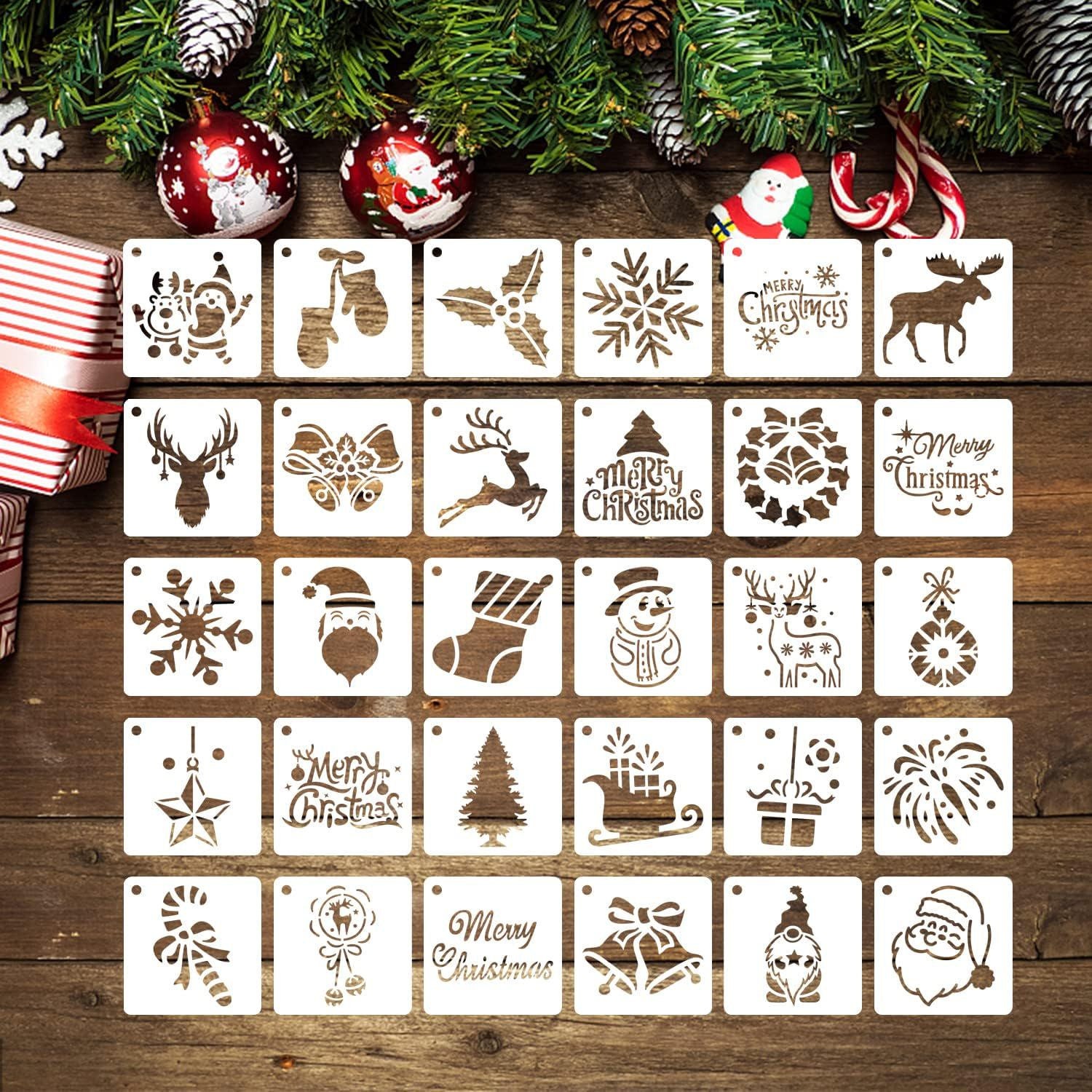 30 Pcs Christmas Painting Stencils, 3 X 3 Inch Reusable Plastic Drawing  Templates for Wood, Greeting Cards, Xmas Crafts Ornaments Wall Door 