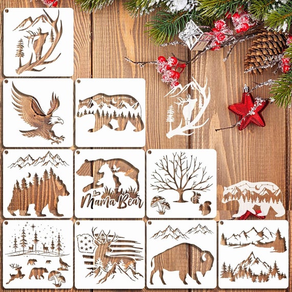 10 Pcs Bear Deer Eagle Mountain Stencil Bison Tree Wildlife Forest Animal  Stencils Template Wood Burning Stencils Patterns Reusable Stencils 