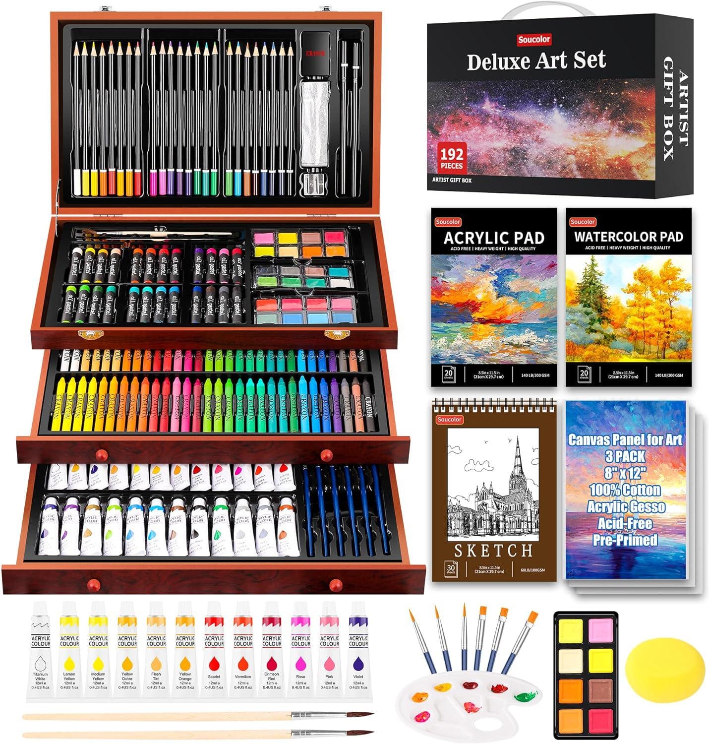 Soucolor Art Supplies, 223-Pack Drawing Art Set Kits with Trifold