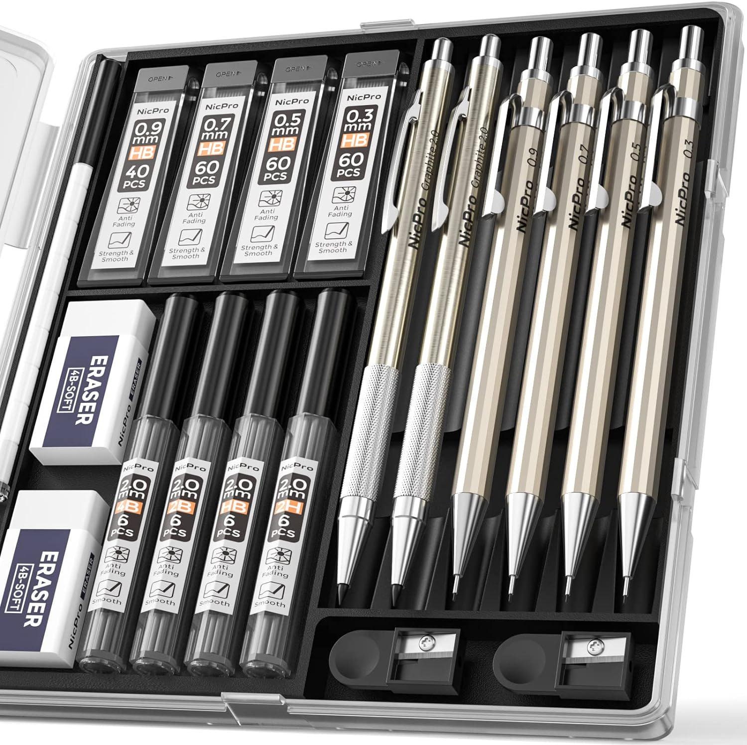 Nicpro 6 PCS Art Mechanical Pencils Set with Case, Drafting Pencil 0.3