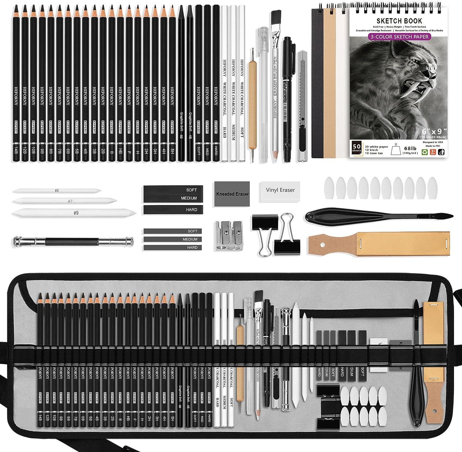 Prina 76 Pack Drawing Set Sketching Kit - Pro Art Supplies with 3-Color  Sketchbook & Tutorial - Colored, Graphite, Charcoal, Watercolor Pencil 