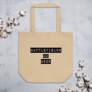 Borsa tote con scritta "Campi di battaglia e birra"