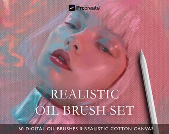 May include: A digital art image featuring a portrait with pink and blue tones. The text "REALISTIC OIL BRUSH SET" is displayed, along with a stylus. The image also includes the text "60 DIGITAL OIL BRUSHES & REALISTIC COTTON CANVAS".