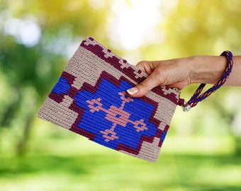 Travel Essentials and Makeup Bag Organizer, Handmade Wayuu Mochila Purse w/ Zipper and Wrist Strap, Mosaic Tapestry Crochet Hooks Case
