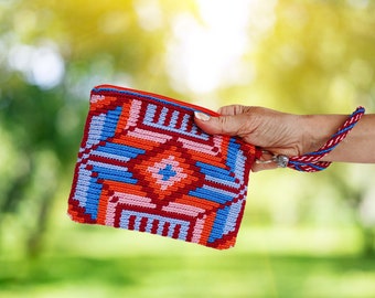 Wayuu Mosaic Crochet Clutch w/ Secure Zipper and Practical Wrist Strap, Colorful Wristlet Makeup Bag Organizer, Small Travel Essentials Case