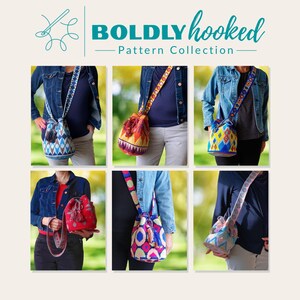 May include: A collection of six bucket bags featuring vibrant, multi-colored geometric patterns and long, patterned shoulder straps. The image includes the text Boldly hooked Pattern Collection at the top, showcasing various color combinations.