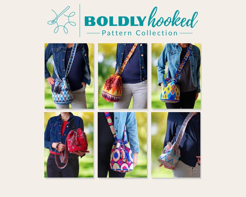 May include: A collection of six bucket bags featuring vibrant, multi-colored geometric patterns and long, patterned shoulder straps. The image includes the text Boldly hooked Pattern Collection at the top, showcasing various color combinations.