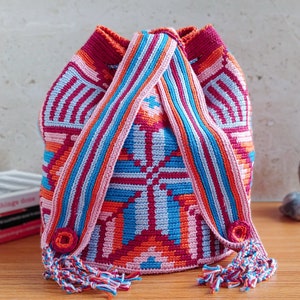 Wayuu Mochila Crochet Convertible Backpack with Adjustable Straps and Drawstring Closure image 6