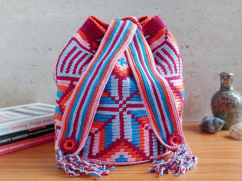 Wayuu Mochila Crochet Convertible Backpack with Adjustable Straps and Drawstring Closure image 6