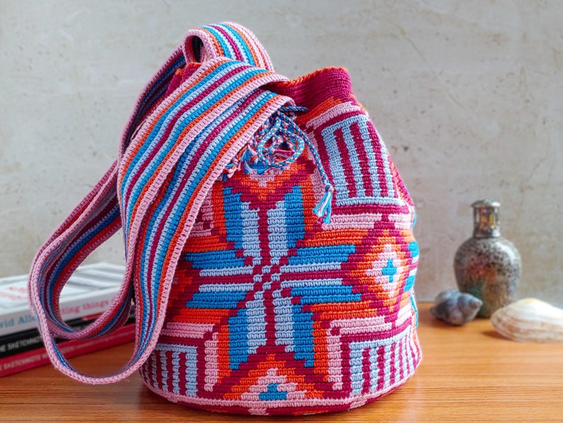 Wayuu Mochila Crochet Convertible Backpack with Adjustable Straps and Drawstring Closure image 2