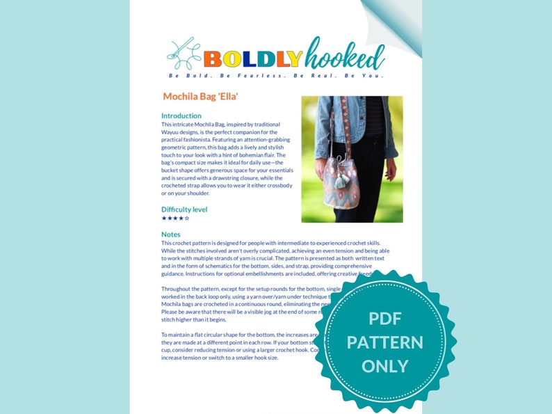 May include: A digital PDF pattern document for a Mochila Bag titled Ella by Boldly Hooked. The page includes a header with the brand name, a photograph of a patterned bucket bag with a drawstring closure, and detailed written crochet instructions.